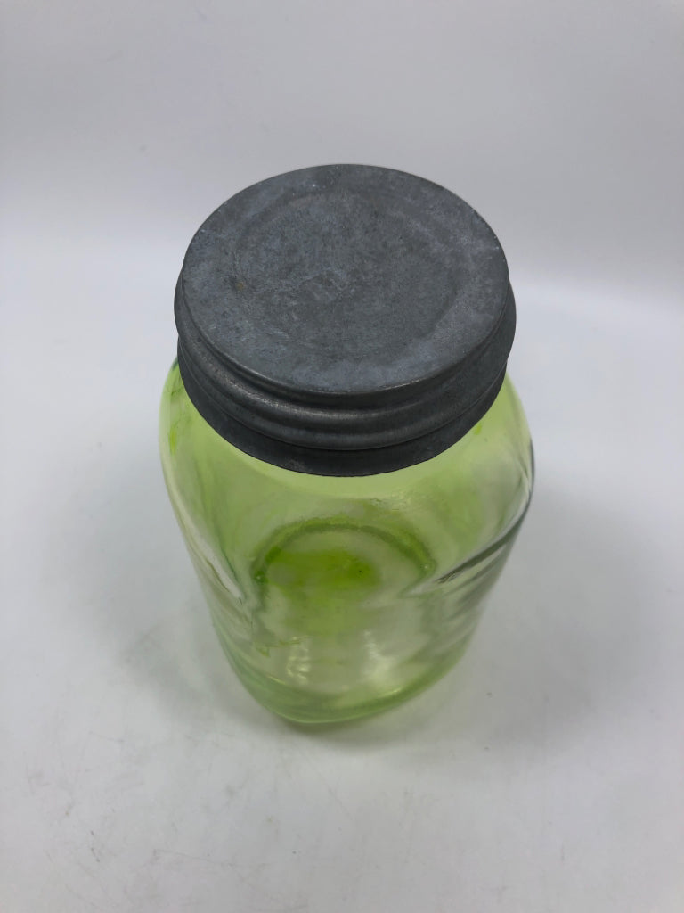 GREEN GLASS MASON JAR W/GALVANIZED METAL LID.
