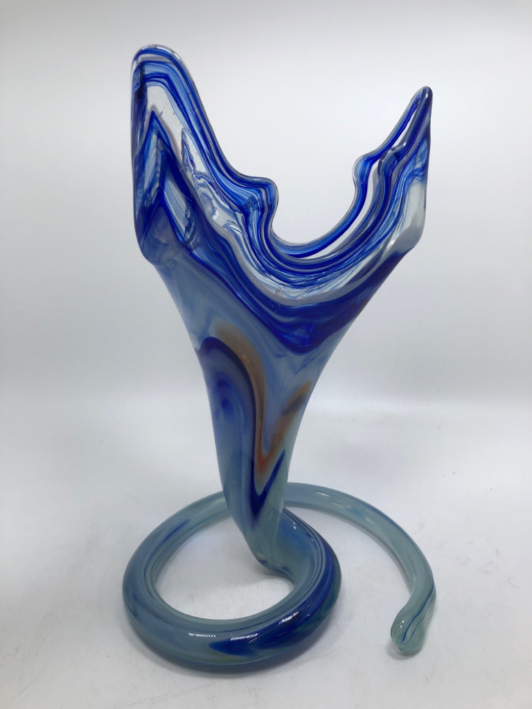 BLUE BLOWN GLASS ABSTRACT VASE.