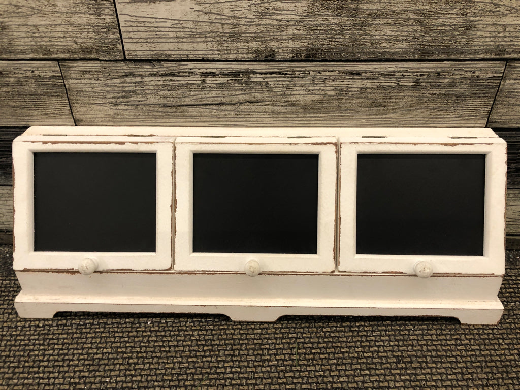 WHITE FARMHOUSE STYLE DIVIDED ORGANIZER W CHALK BOARD.