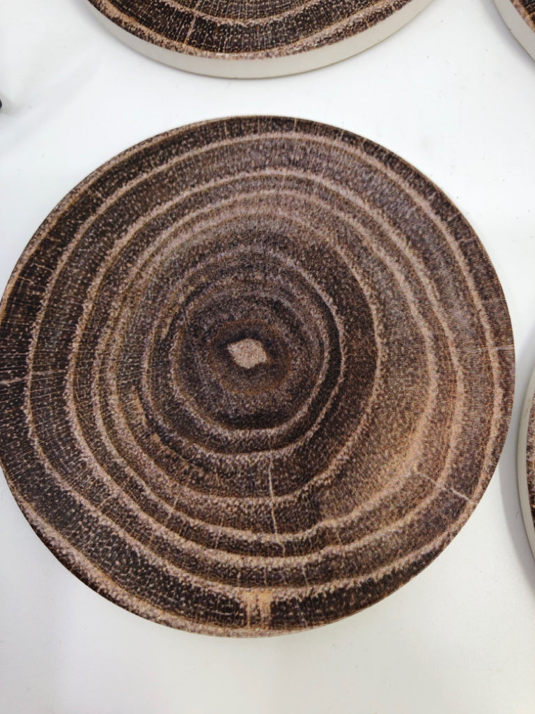 7 PC CERAMIC WOOD SLICE COASTERS W/ HOLDER.