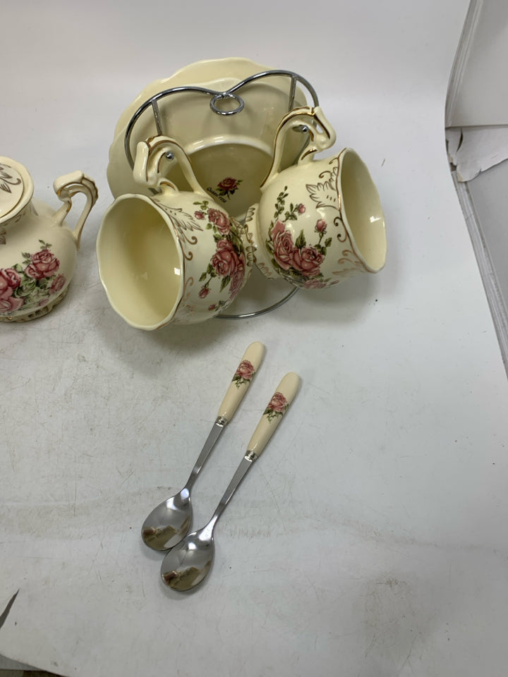 QUEEN ROSE SVC 2 10 PCS TEAPOT SUGAR CREAMER TEAPOT CUP/SAUCERS SPOONS AND STAND