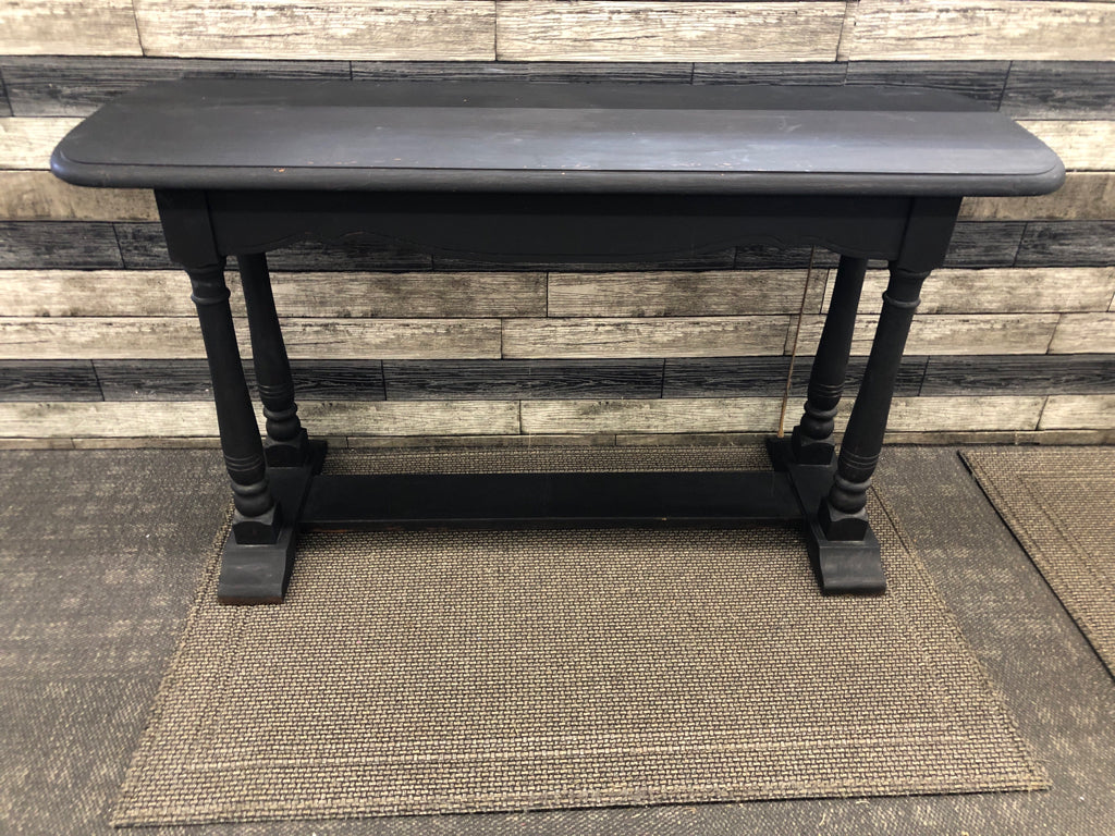BLACK MATTE PAINTED WOOD LONG TABLE W/ DRAWER WHITE PAINTED HARDWARE.