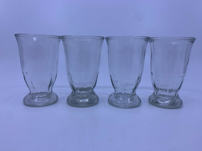 4 CLEAR GLASS JUICE GLASSES FOOTED.