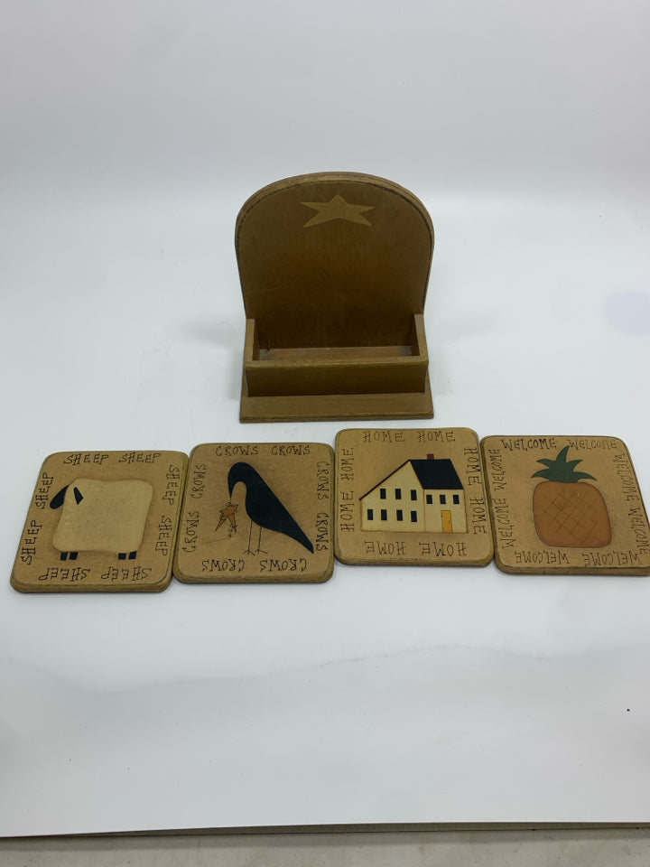 5PC PRIMITIVE COASTERS IN HOLDER.