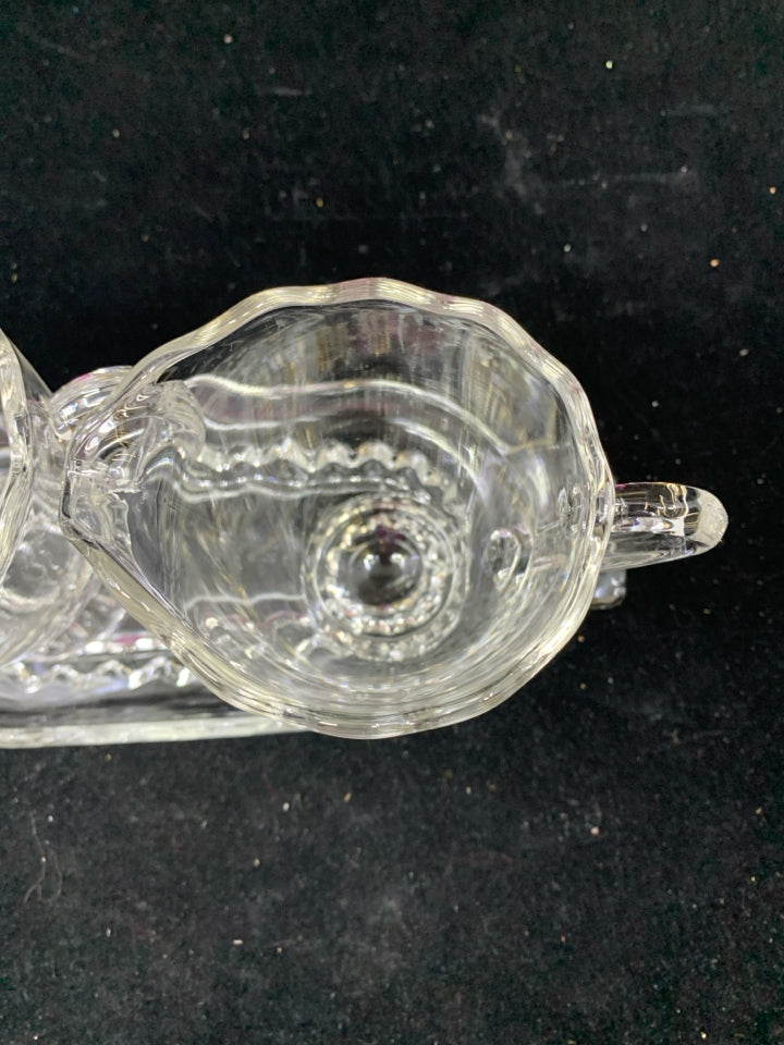 3PC VTG CLEAR SUGAR AND CREAMER W PLATE.