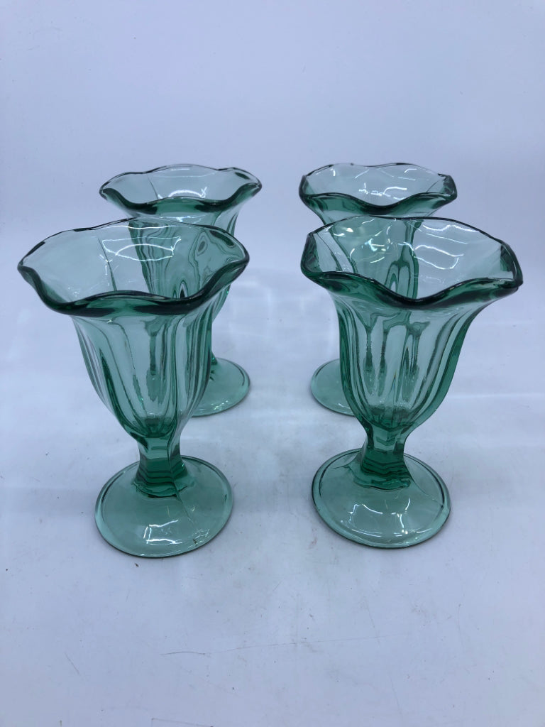 4 GREEN GLASS FOOTED SUNDAE DISHES.
