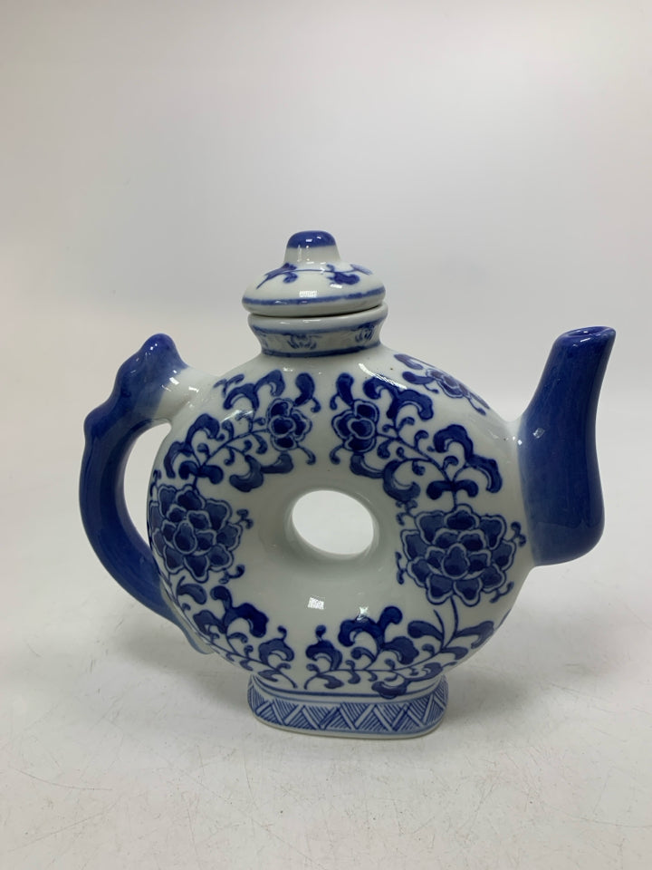 BLUE/WHITE DONUT HOLE NARROW TEAPOT.