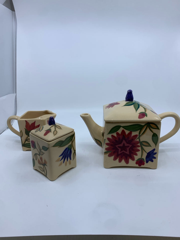 SAPARNA FLORAL  TEA POT SUGAR AND CREAMER.