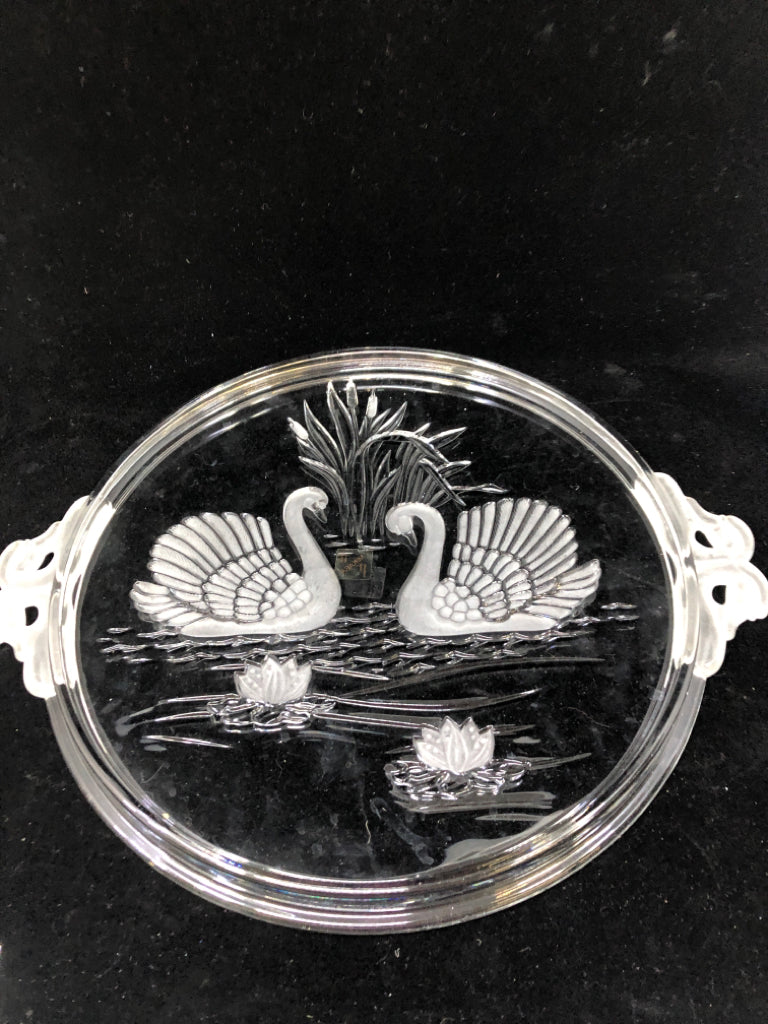 GLASS PLATTER W/ FROSTED SWANS IN A POND.