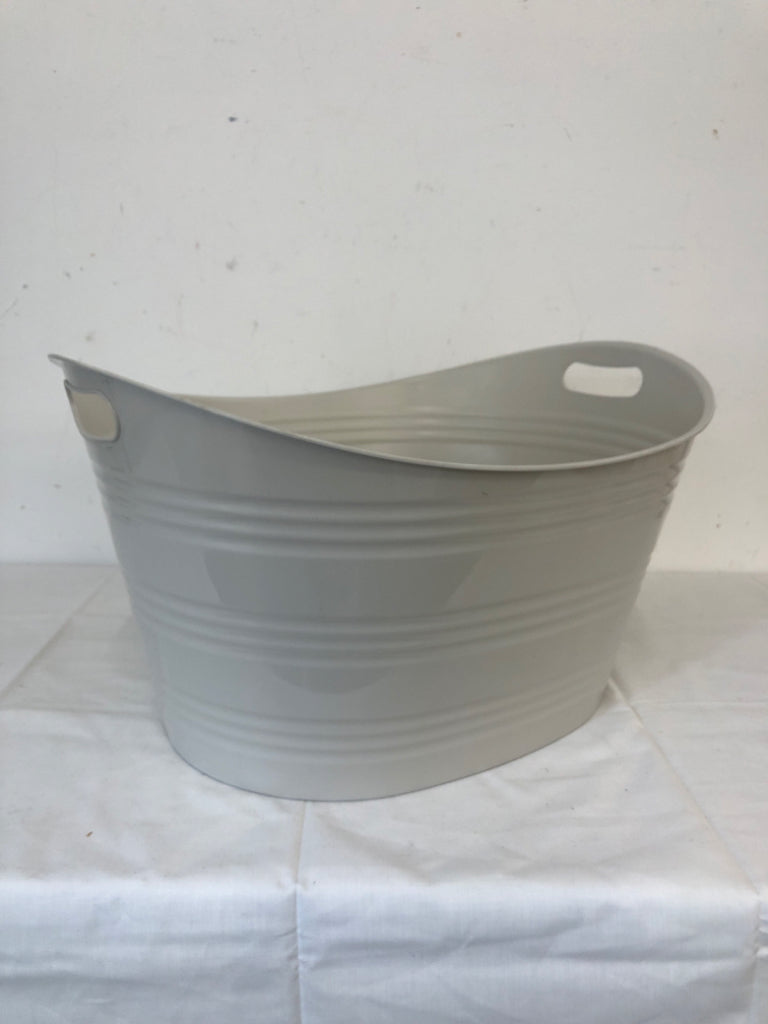 LARGE TAN TOTE/ PLASTIC BUCKET W HANDLES.