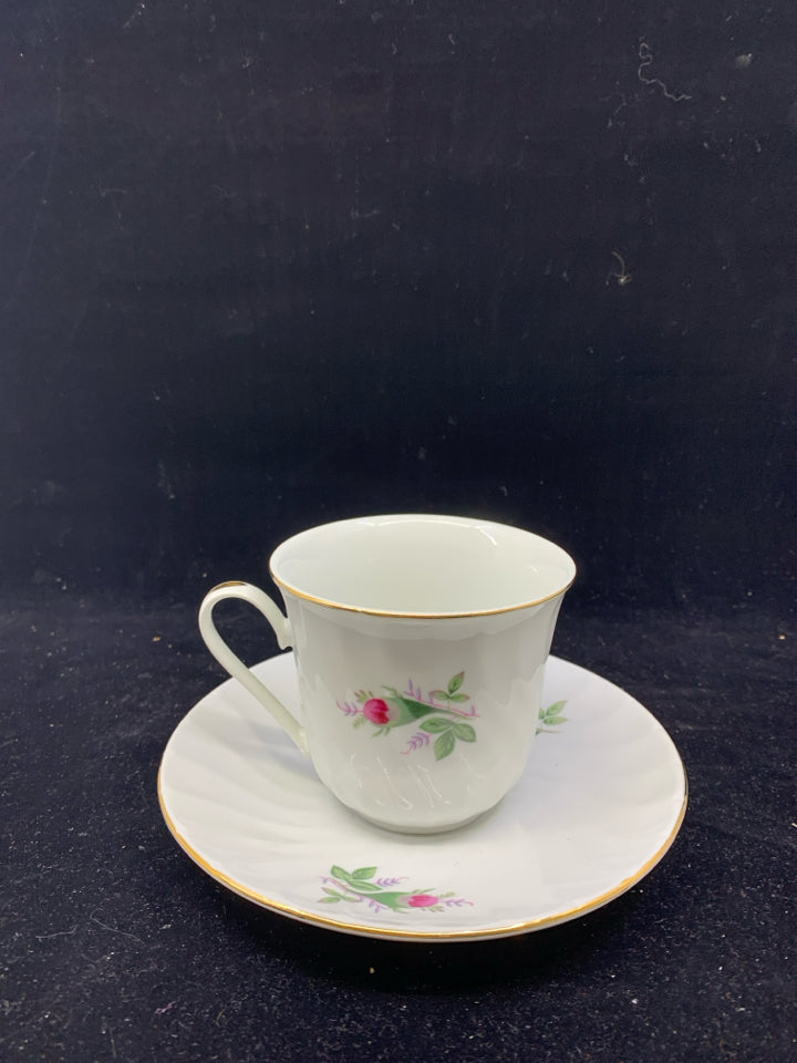 WHITE W/PINK FLOWERS TEA CUP + SAUCER.