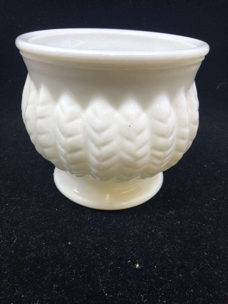 VTG MILK GLASS FOOTED DISH W/LEAVES DETAIL.