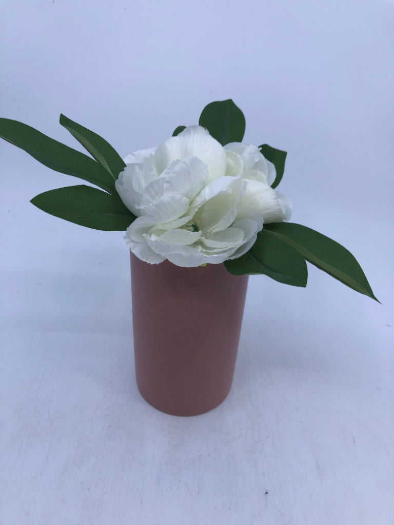CYLINDER PINK VASE W/ FAUX WHITE FLOWERS.