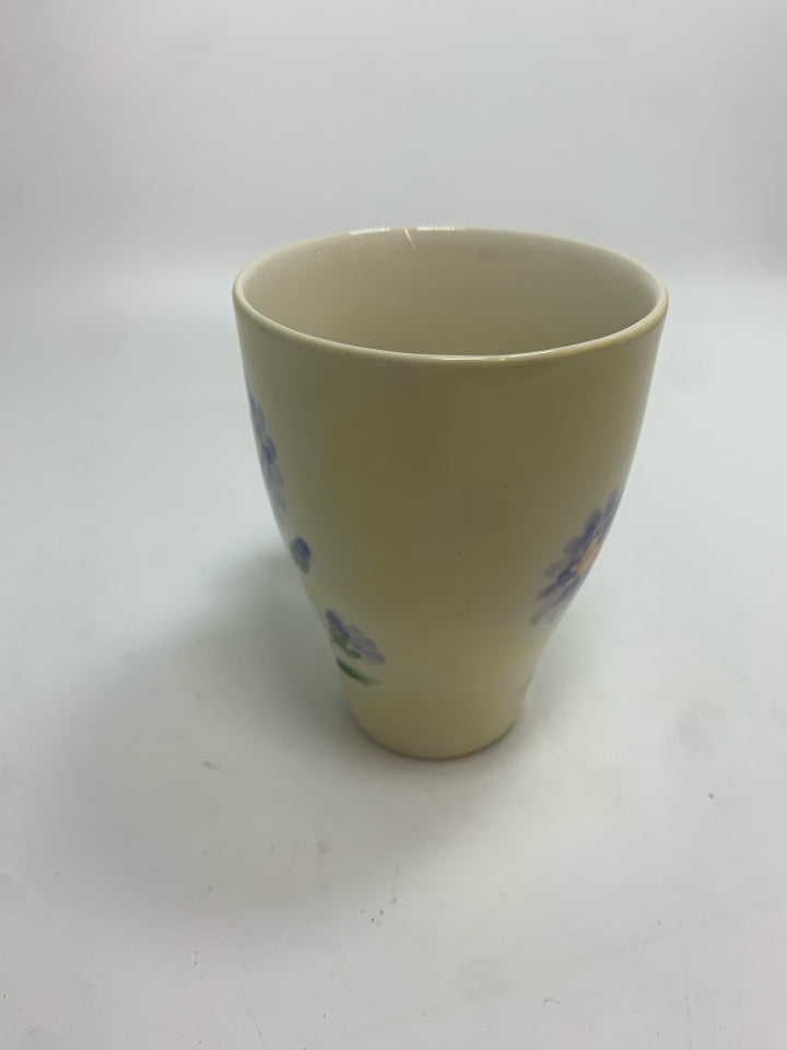 4 PURPLE FLOWER PAINTED COFFEE MUGS.
