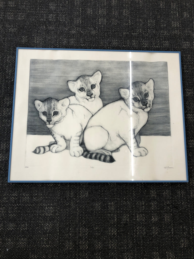 CUBS CAT SKETCH IN BLUE FRAME WALL ART.