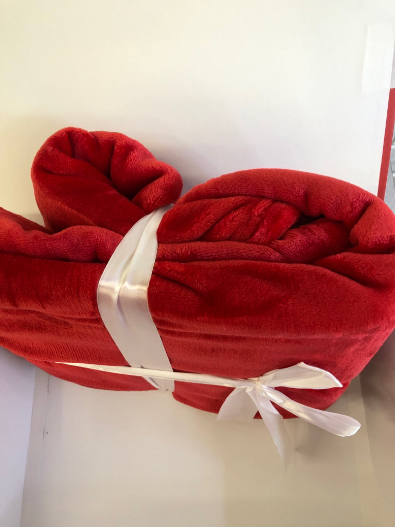 NIB RED BLANKET, IN GIFT BOX WITH WHITE RIBBON.