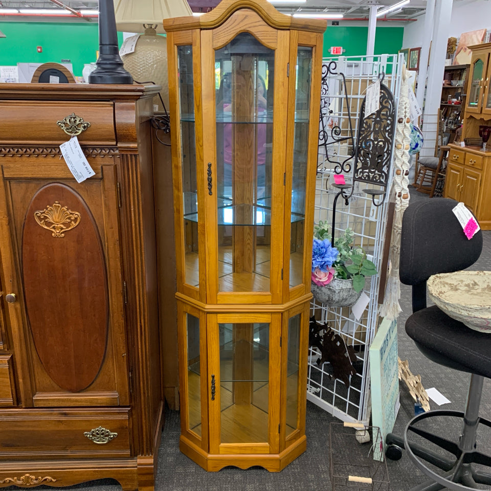 2-SECTION WOODEN CORNER CURIO CABINET W/LIGHT.