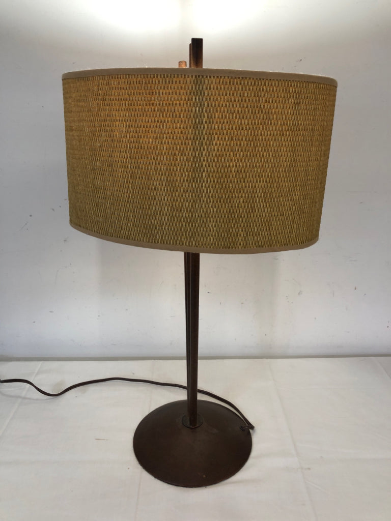 BROWN STICK MODERN STYLE LAMP W BROWN TAN SHADE.