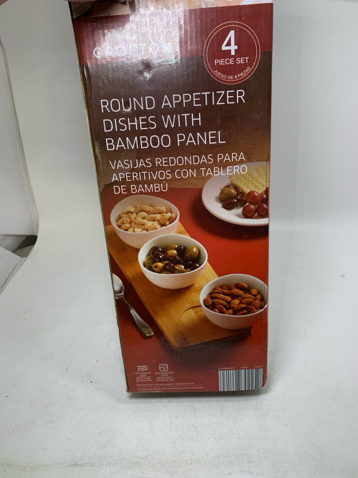 NIB ROUND APPETIZER DISHES W/ BAMBOO TRAY.