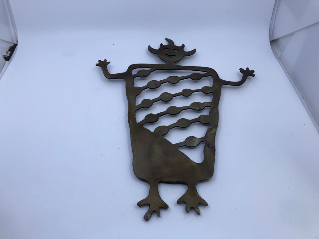 BRASS ABSTRACT MAN W/ HANDS UP WALL ART.