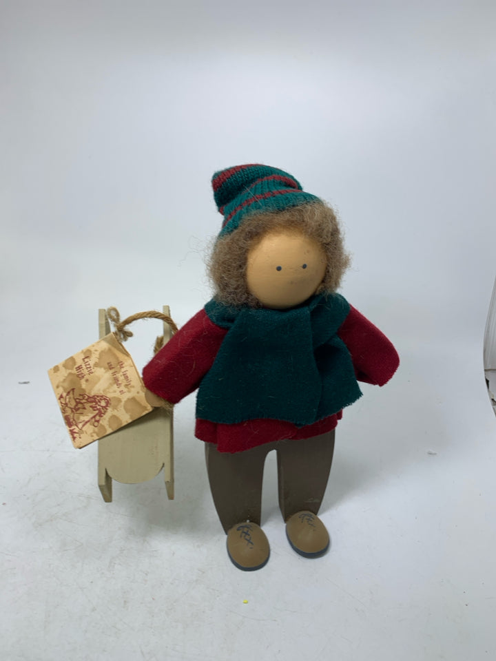 WOOD BOY RED SHIRT HOLDING SLED LIZZIE HIGH DOLL.