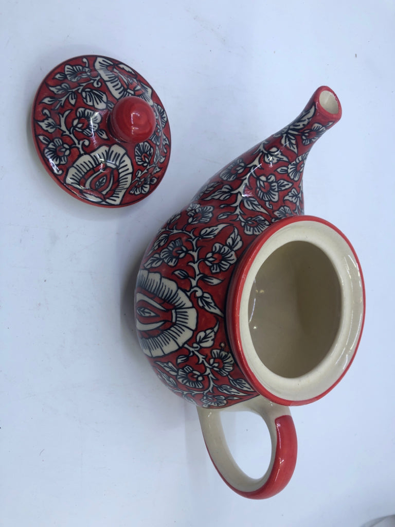 RED AND CREAM FLORAL TEAPOT.