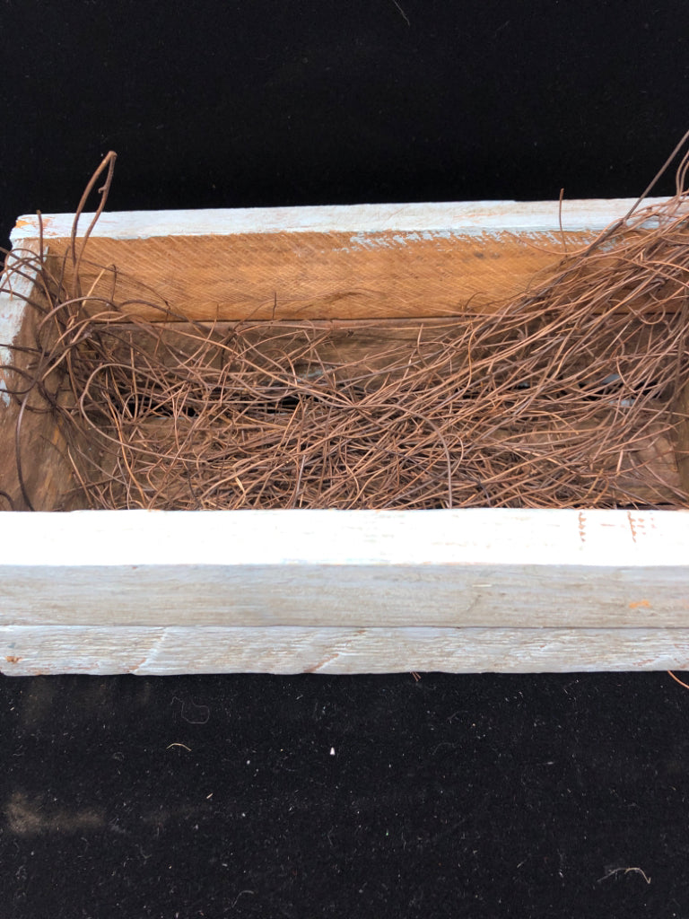 DISTRESSED BLUE WOOD BASKET W TWIG FILLER.