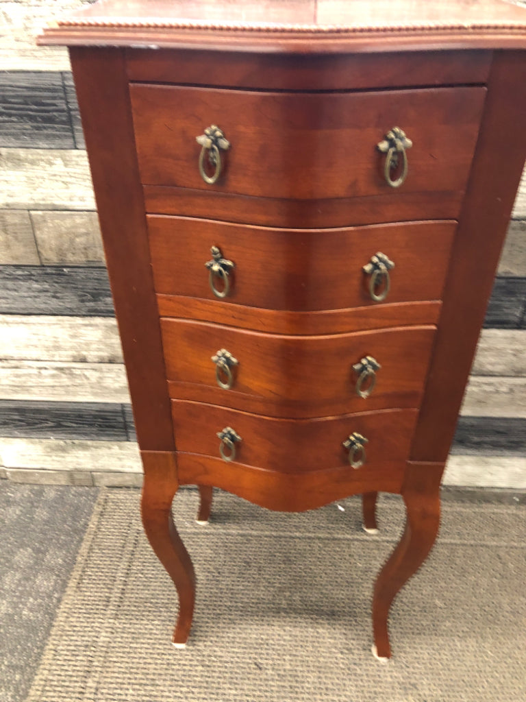 WOODEN STANDING JEWELRY BOX W/4 DRAWERS&GREEN VELVET.