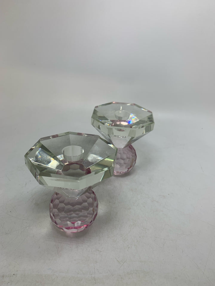 2 HEAVY OCTAGON GLASS TAPERED CANDLE W/ PINK BASE.