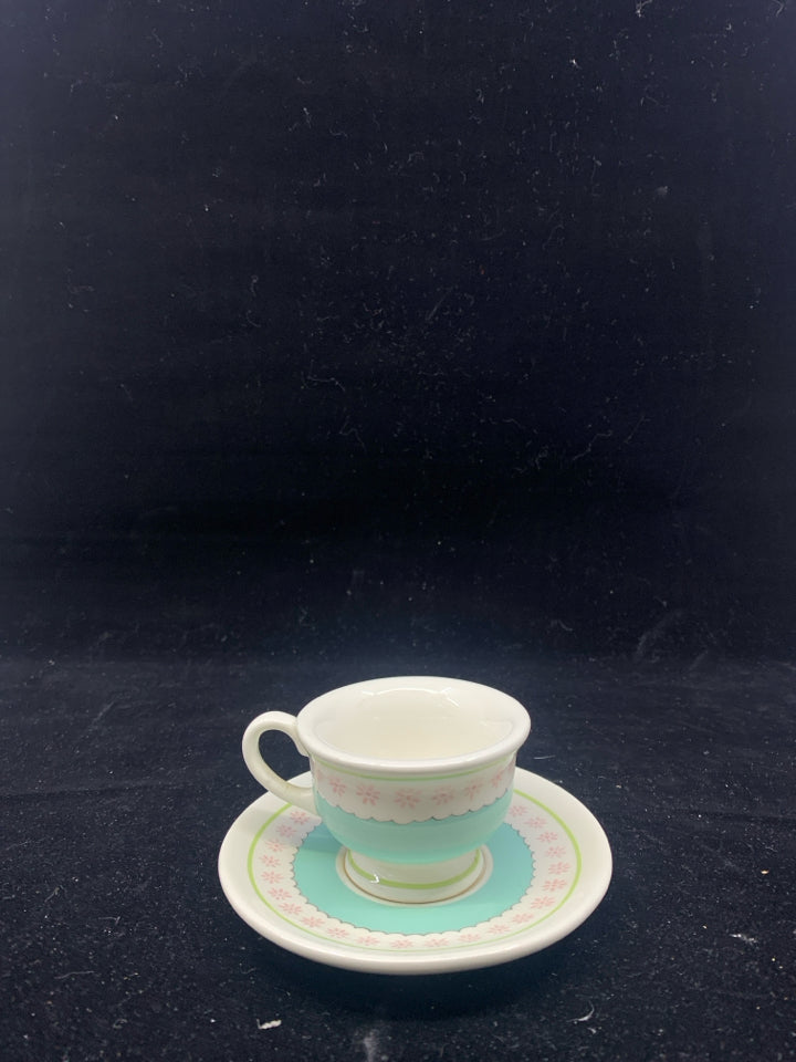 TEAL TEA LIGHT CUP+SAUCER CANDLE HOLDER.