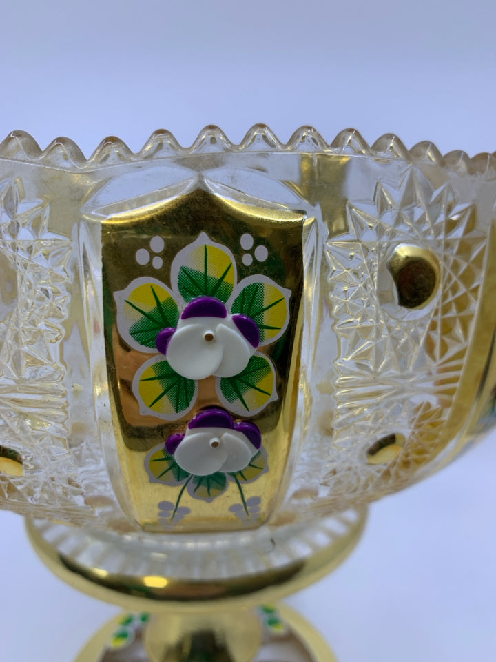 FOOTED HEAVY GOLD PEDESTAL BOWL W/ EMBOSSED FLOWERS SAWTOOTH EDGE.