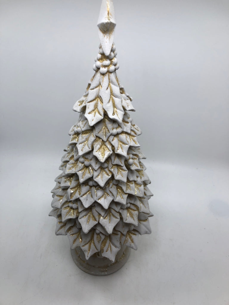 RESIN GREY CHRISTMAS TREE W/ GOLD SPARKLES.