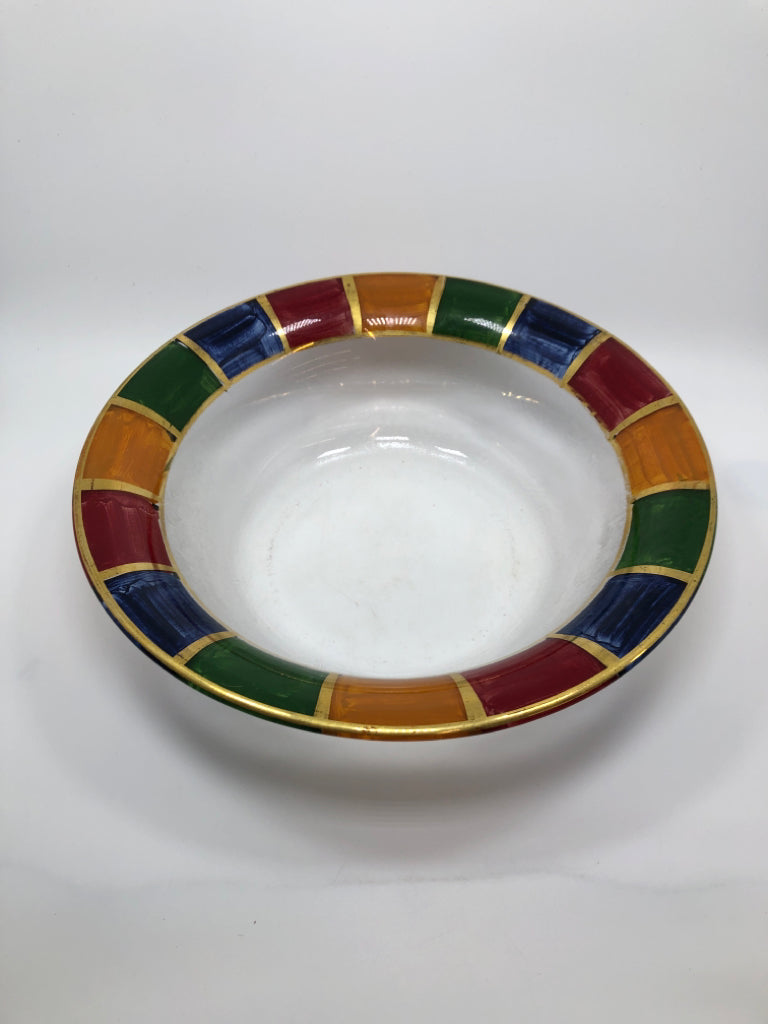 GLASS SERVING BOWL W/COLORFUL AND GOLD EDGE.