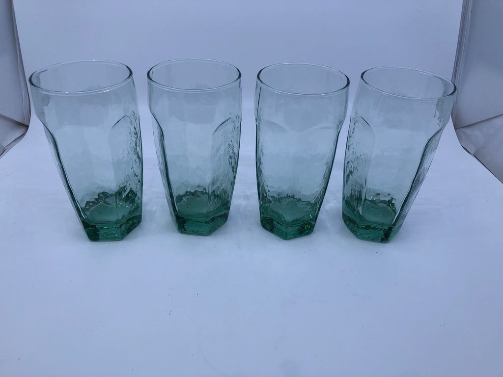 4 TALL GREEN TINTED DRINKING GLASSES.