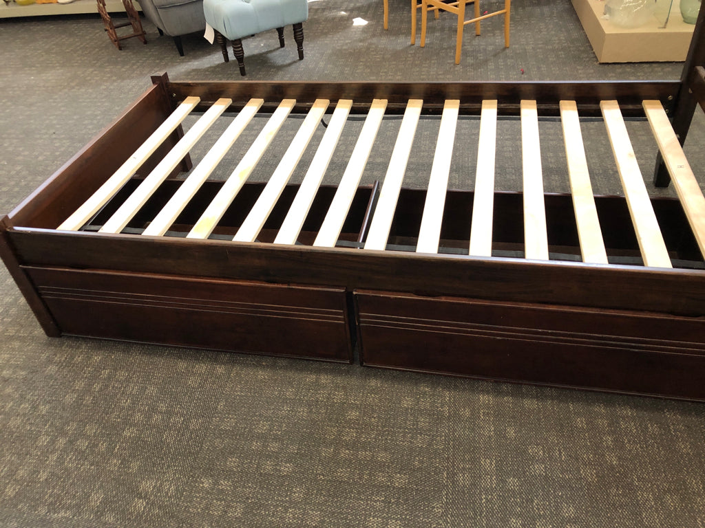 TWIN DARK WOOD BED FRAME W 2 DRAWERS.