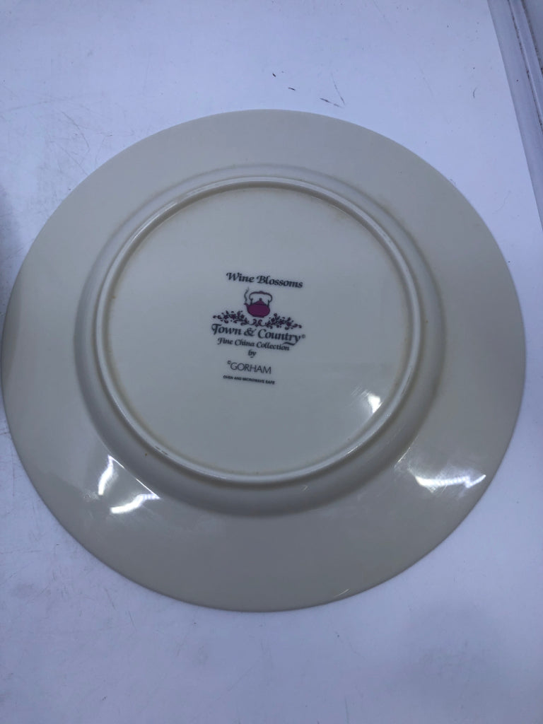 4 DINNER PLATES W GREY ACCENTS AND PURPLE FLORAL.