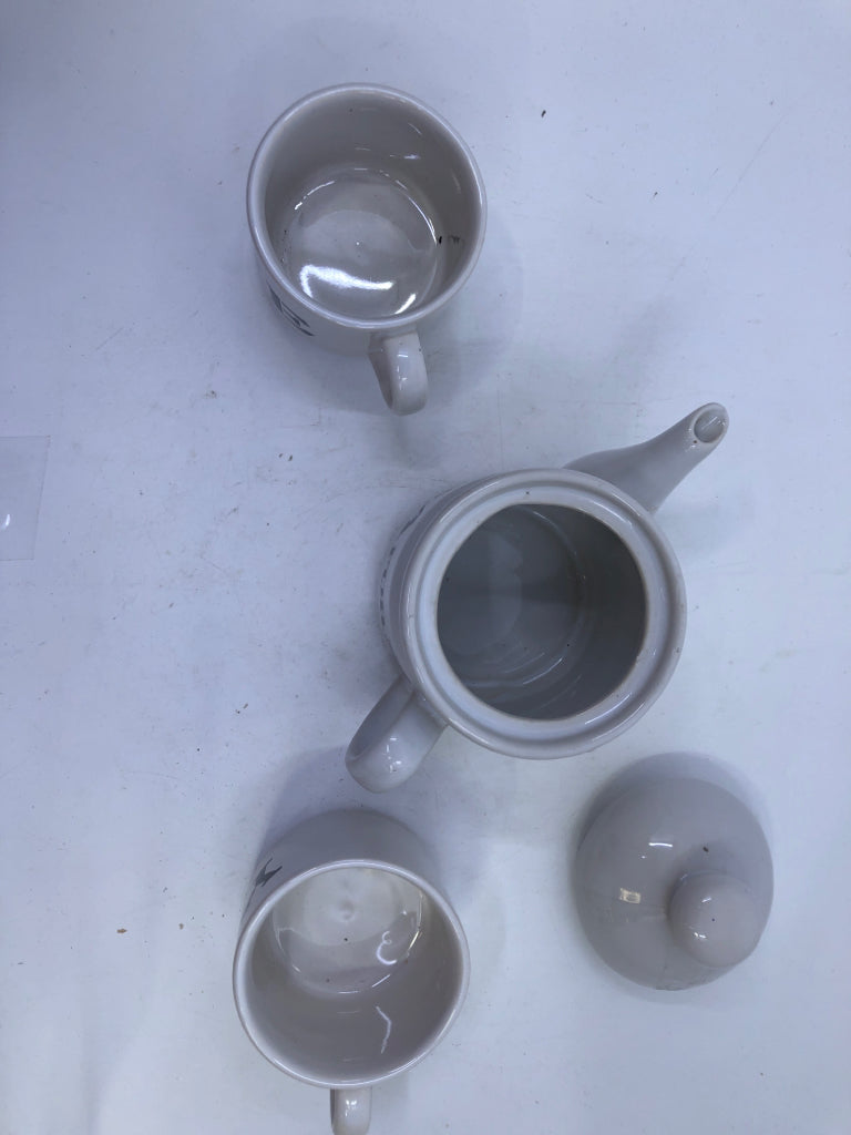 3PC BLACK AND WHITE TEA FOR 2 SET - 1 TEA POT, 2 MUGS.
