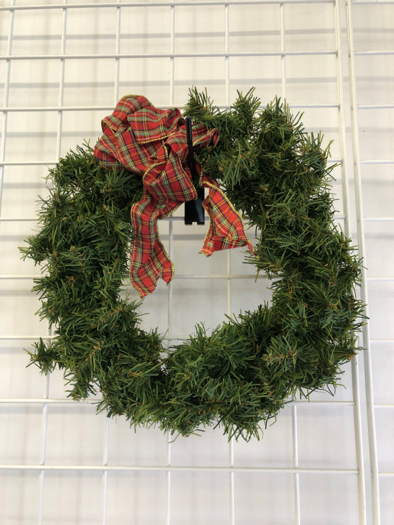 GREENS WREATH W/ PLAID BOW.