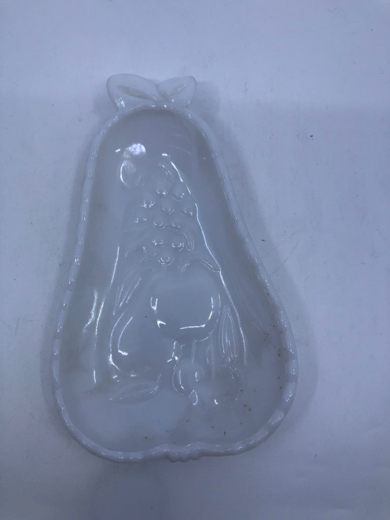 VTG MILK GLASS EMBOSSED PEAR TRAY.