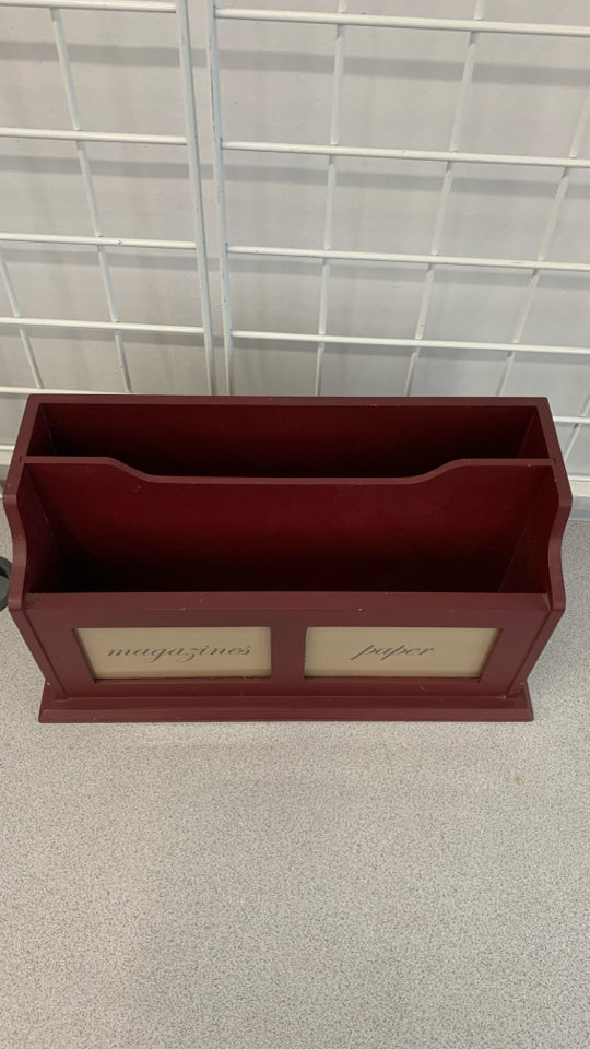 BURGUNDY WOODEN MAGAZINE/PAPER ORGANIZER.