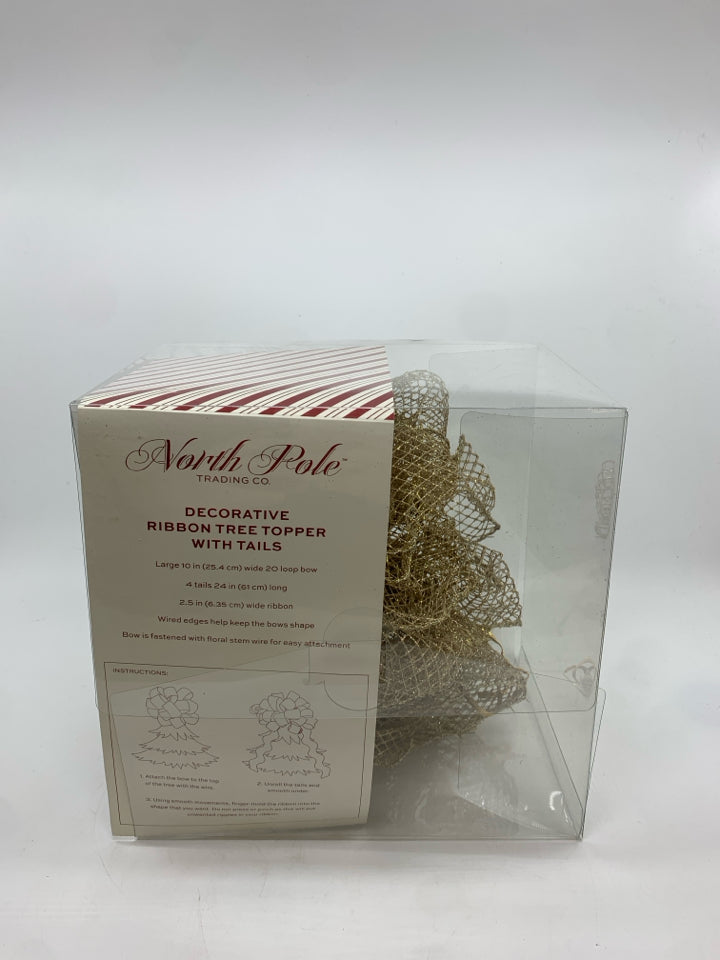 RIBBON GOLD GLITTER TREE TOPPER.