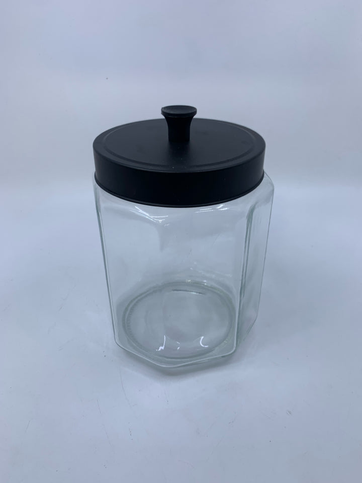 OCTAGON GLASS CANISTER W/ BLACK METAL LID.