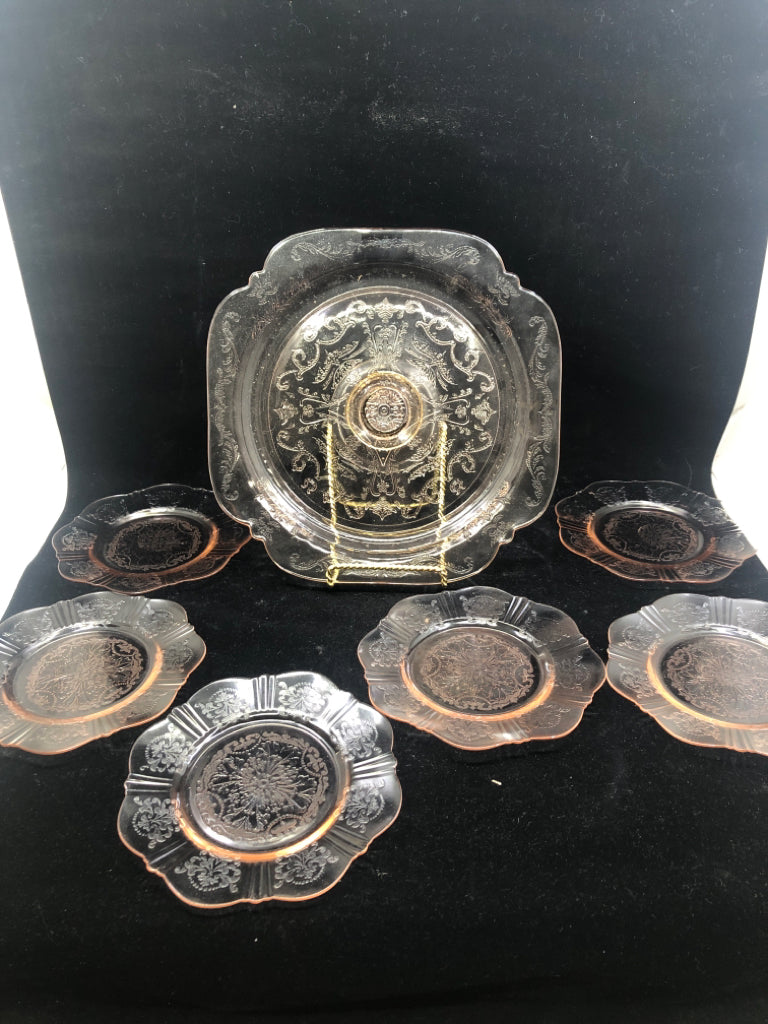 7PC VTG PINK DEPRESSION GLASS CAKE STAND W 6 PLATES.