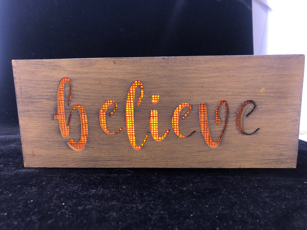 LIGHT UP WOOD BELIEVE DECOR.