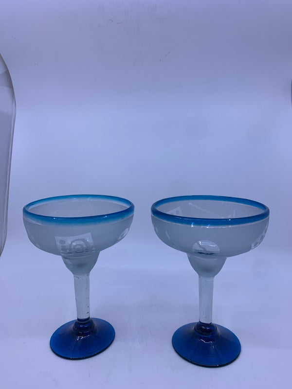 2 FROSTED BLUE MARGARITA GLASSES.