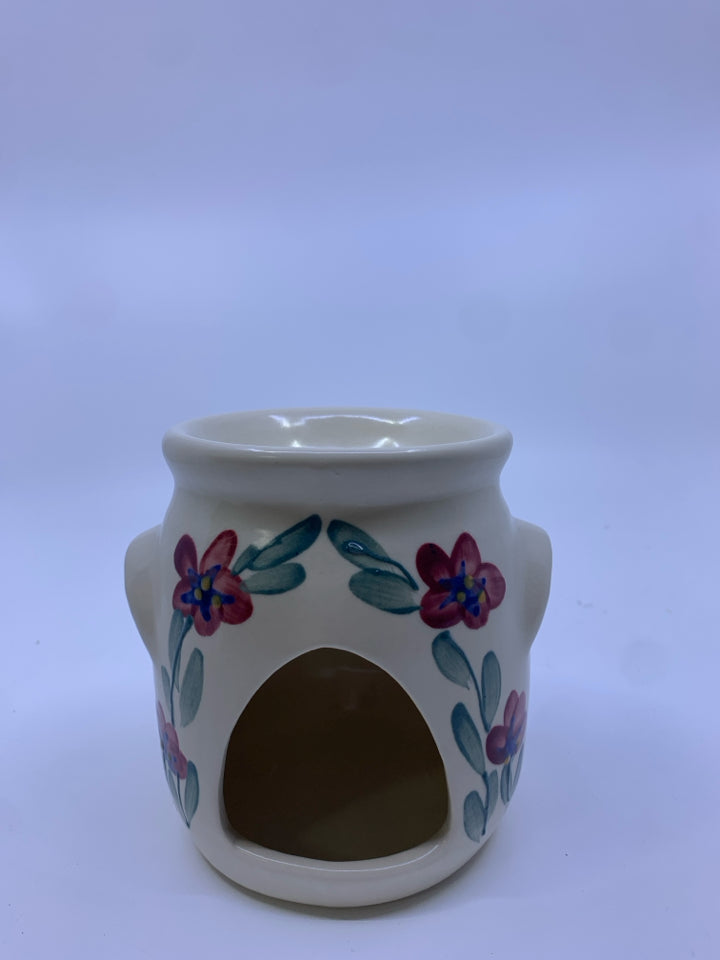 OLDE CAPE COD STONEWARE WAX WARMER W/ RED/BLUE FLOWERS LEAVES.