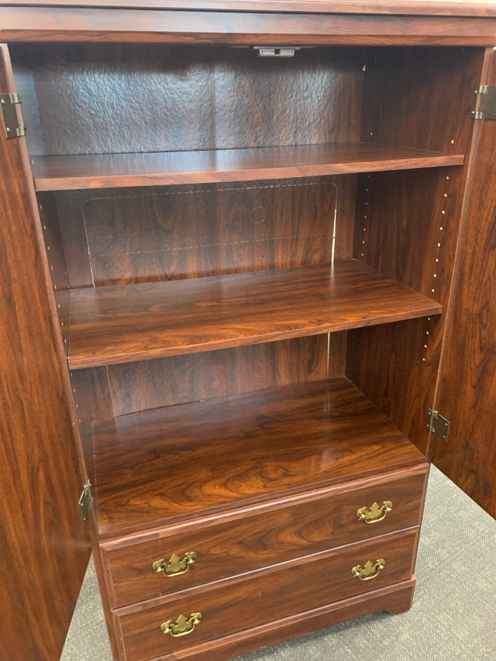 FAUX CHERRY WOOD ARMOIRE 2 DRAWERS CABINET W/ 3 SHELVES GOLD HARDWARE.