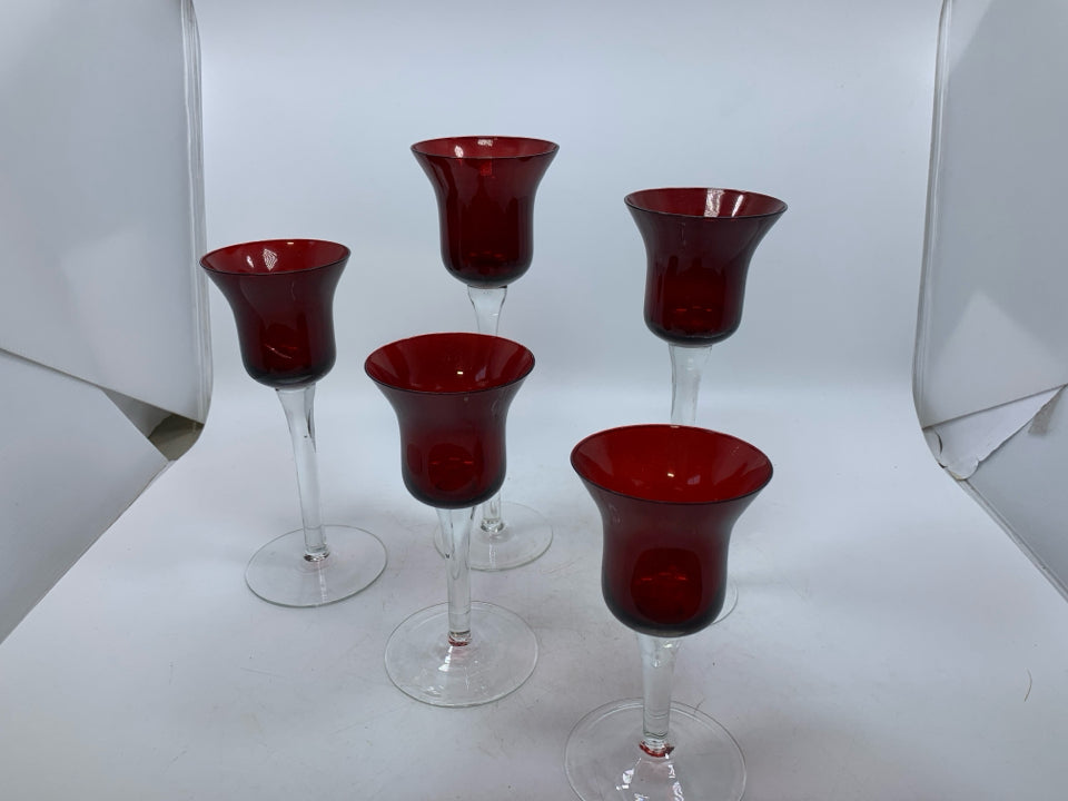 5 CLEAR STEM TEALIGHT GLASS CANDLE HOLDERS W/ RED TOPS.