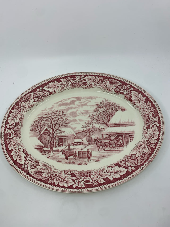 VTG RED FARM SCENE OVAL PLATTER.