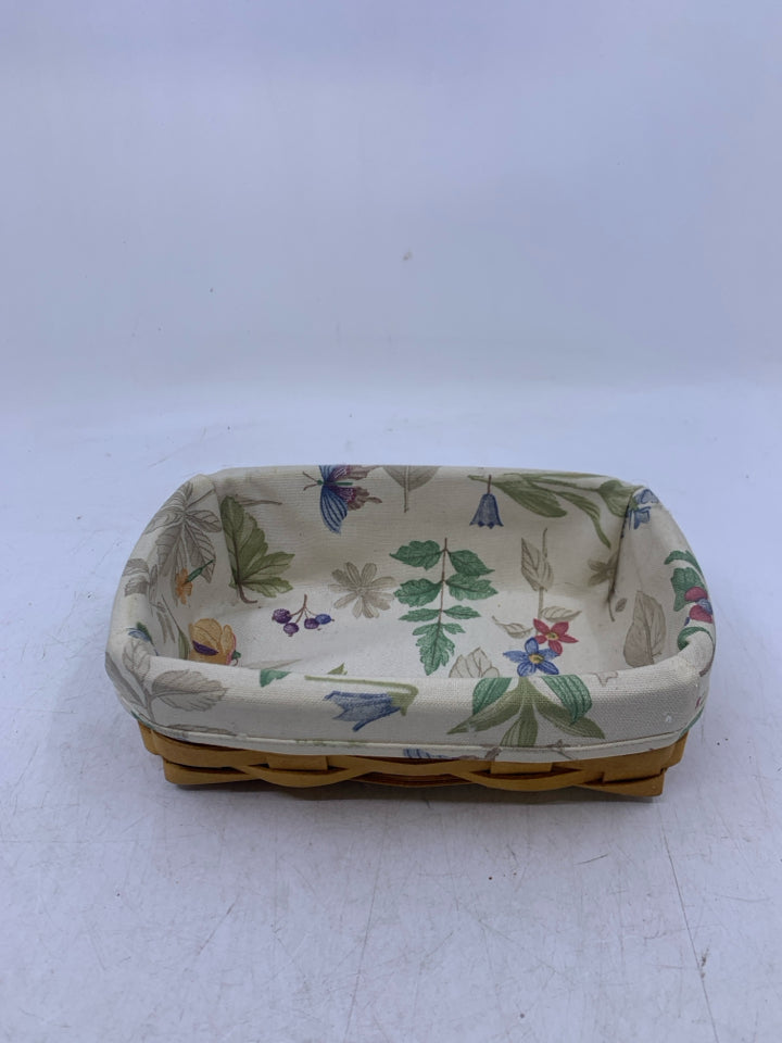 SMALL SHALLOW RECTANGLE BASKET W/ BOTANICAL FIELDS LINER.